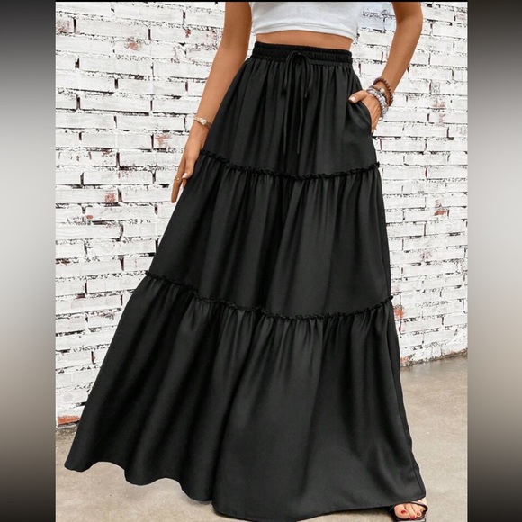 Pre-Order Yellow Frill Tiered Drawstring Waist Maxi Skirt main image 1